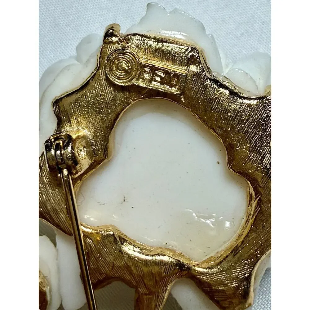 Vintage FELI White Rose Floral Brooch Gold Tone Enamel Leaves